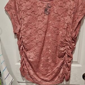 Lace Ruched Short Sleeve Top - Rose Pink
